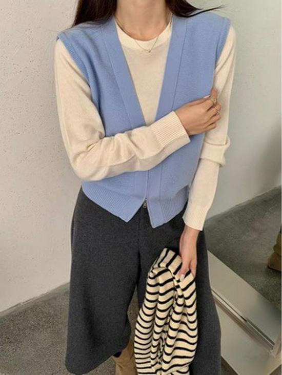 Wool Blend Zipper Layered Two-Piece Long Sleeve Top One Size светло-синий