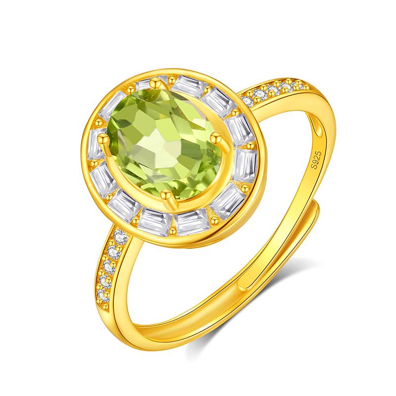Classic S925 Sterling Silver Ring, Oval Natural Crystal & CZ Adjustable Band for Ladies