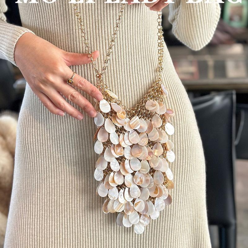Shell Sequin Handbag Wooden Ring Handle Luxury Handmade Evening Bag Women Elegant Crossbody Purse With Detachable Chain Strap
