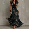 Europe, America, Hot-selling Pastoral Bohemian Print Collar Long-sleeved Dress