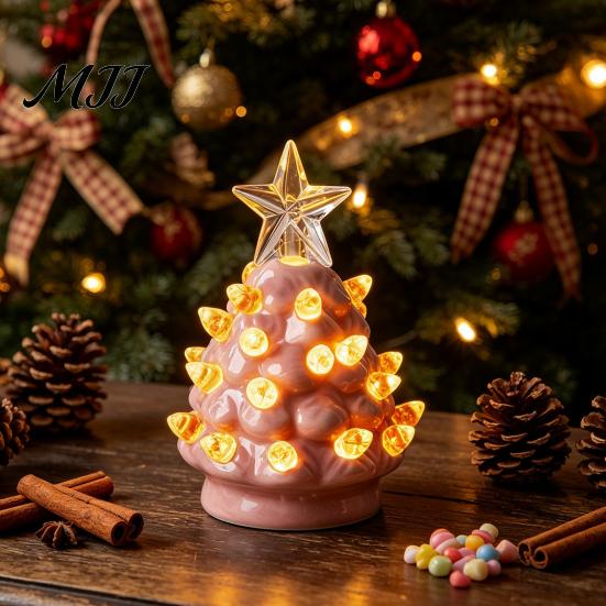 Pink And Green Holiday Accents Christmas Tree Ornament, Glowing Retro Resin Tabletop Decor with Star Small Night Lights Topper, Vintage Xmas