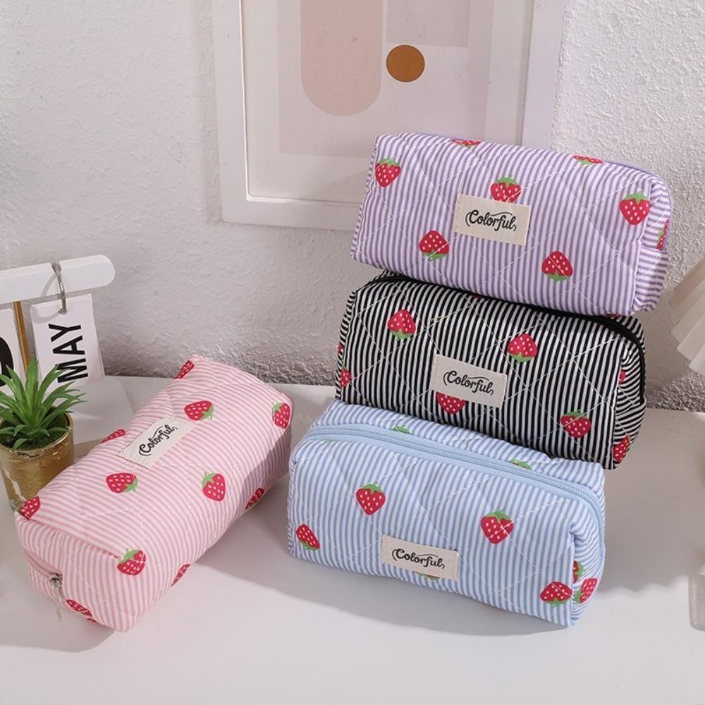 Quilted Stationery Bag Strawberry Striped Pencil Pouch INS Stationery Pouch  Gift