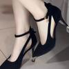 Suede Black High Heels Women's Adult Ceremony Widened and Fattened Pointed Temperament Single Shoes Fat Professional Work Shoes