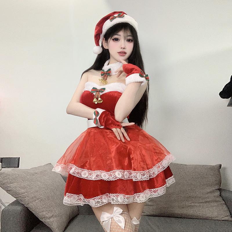 Erotic underwear atmospheric bandeau red dress women's autumn and winter New Year cosplay set