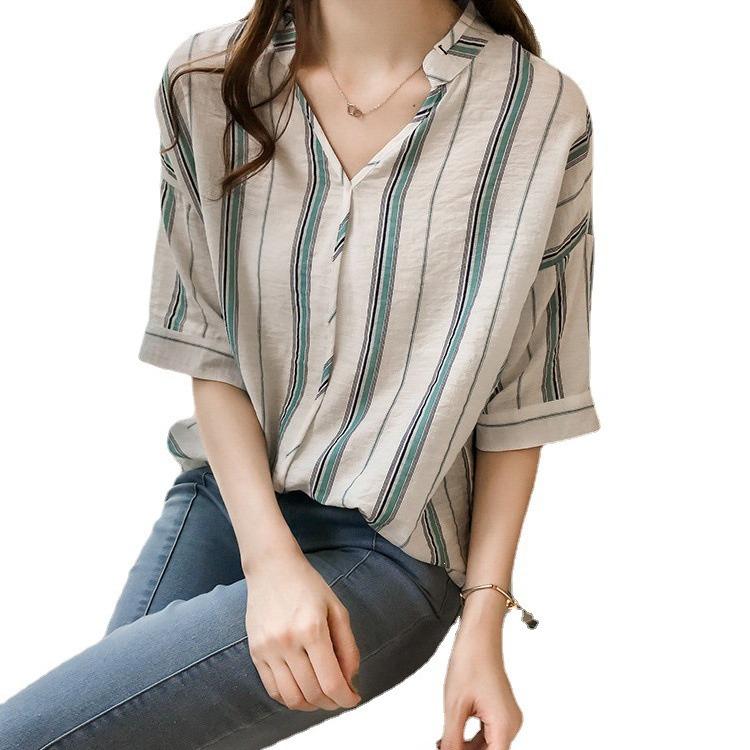 1116 New Loose Bat-sleeved V-neck Striped Shirt Women's Short-sleeved Top Bf Korean Fan Shirt Trendy