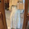 Fleece-Lined Lace Tiered Long Skirt – Cream/Black, From Korea
