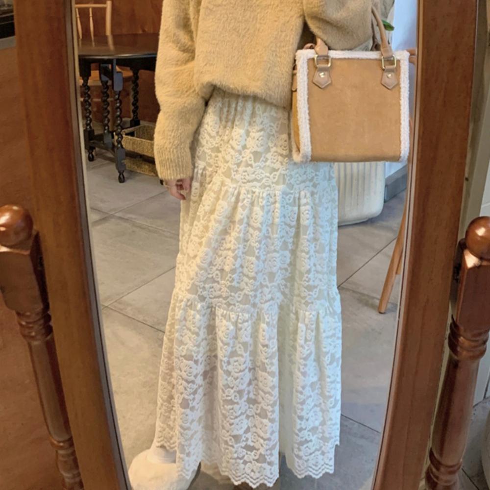 Fleece-Lined Lace Tiered Long Skirt – Cream/Black, From Korea