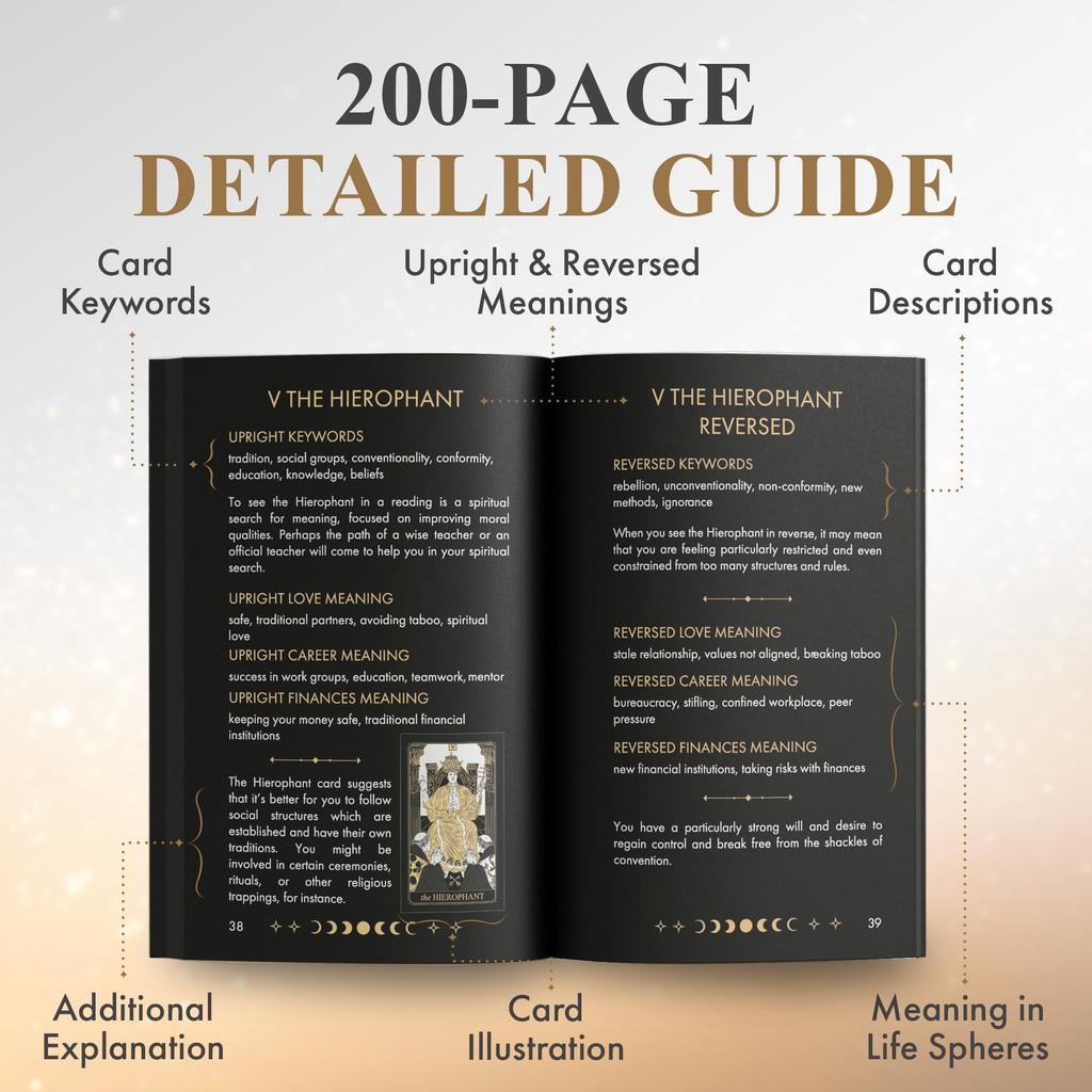 Wyspell Classic Tarot Deck with Guidebook 78 Gold Tarot Cards for Beginners Tarot Deck Set Black Tarot Decks with Guidebook Original Tarot Cards Deck