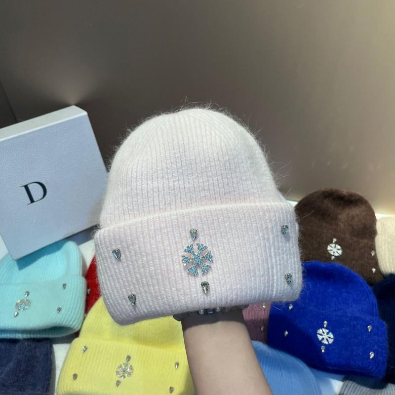 Winter Warm Knit Hat Rabbit Fur Faux Snowflake Rhinestone Earflap Beanie Fashionable Soft