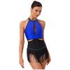 Damen Rückenfreier Body Allover Strasssteine Design Quastenrock Kontrastfarbe Latein Jazz Tanz Leotard