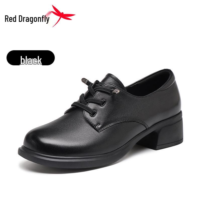 Red Dragonfly Women s Black Chunky Heel Genuine Leather Shoes - 2025 Autumn Collection 38