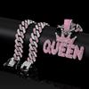 Couronne Rose Diamant pour Femme, Pendentif Lettre QUEEN, Collier Cubain Diamant Long Hip Hop Accessoire Féminin