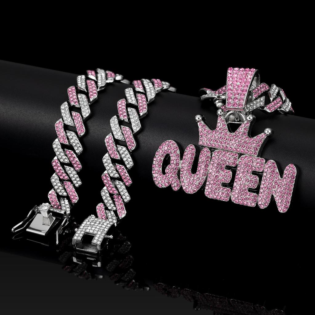 Couronne Rose Diamant pour Femme, Pendentif Lettre QUEEN, Collier Cubain Diamant Long Hip Hop Accessoire Féminin