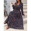 Women's V Neck Long Puff Sleeve Floral Maxi Dress Slim Fit High Waist Street Casual Dress