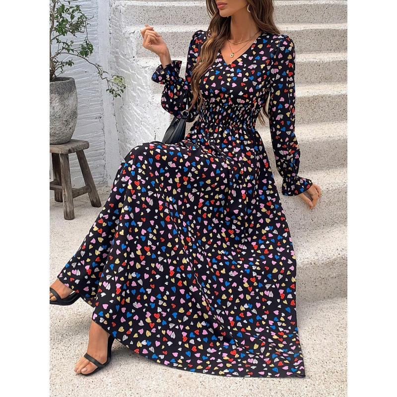 Women's V Neck Long Puff Sleeve Floral Maxi Dress Slim Fit High Waist Street Casual Dress