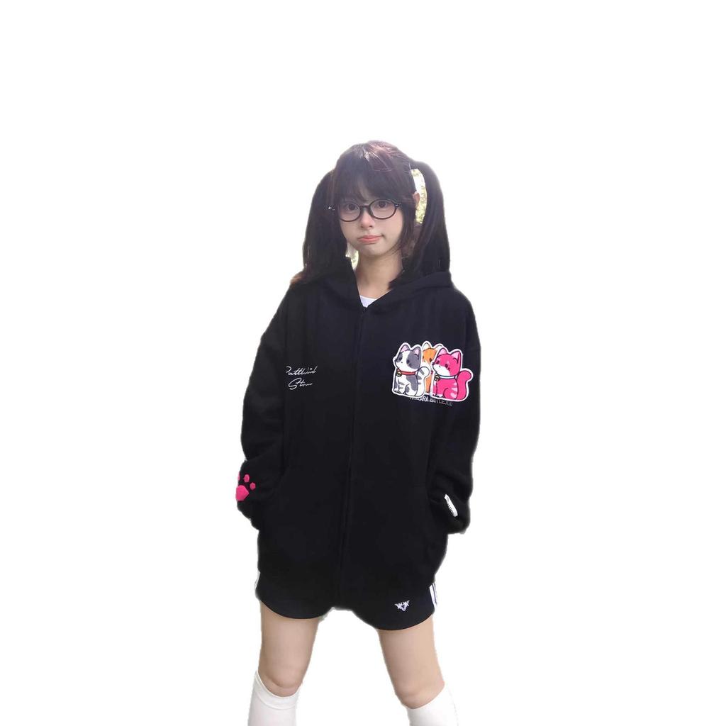 American retro street cute kitten Velcro cardigan sweater female brand casual loose couple