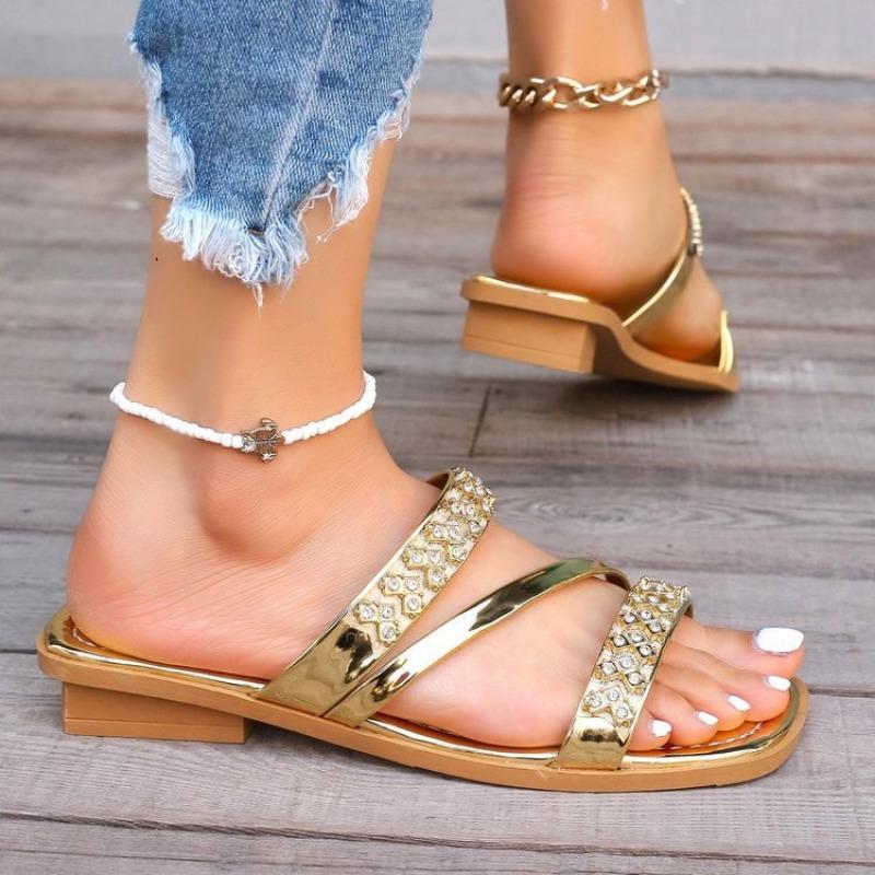 Large Size Wedge Slippers Women's Summer Rhinestone Golden Wind Sandals Women's