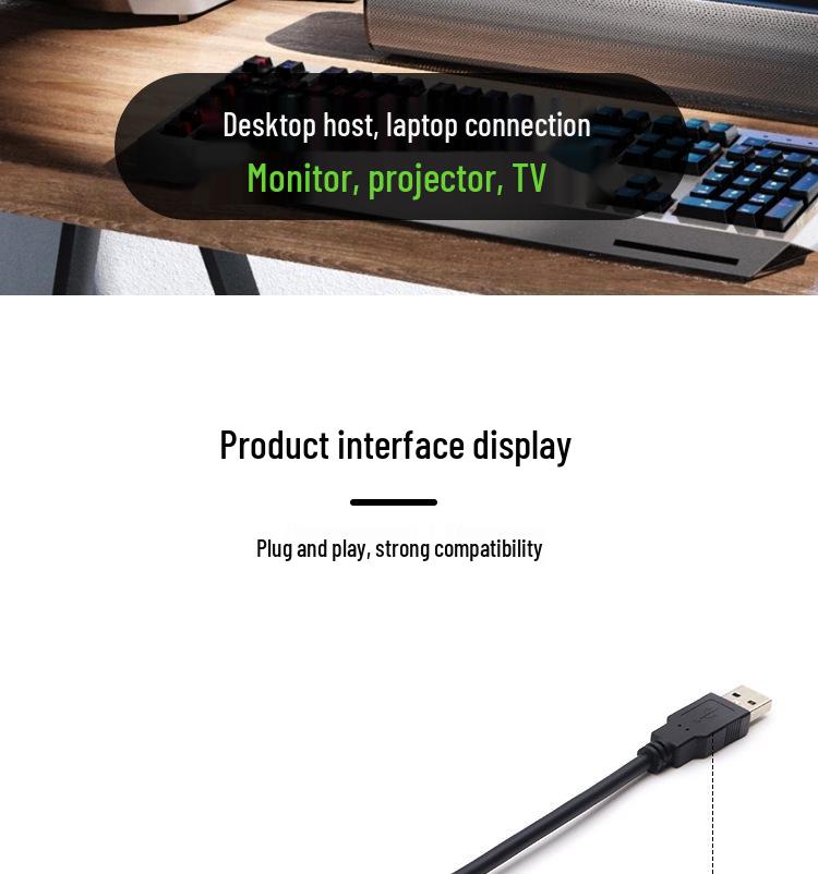 USB 2.0 To HDMI Adapter Cable, Aluminum Alloy, HD 1080P Extender