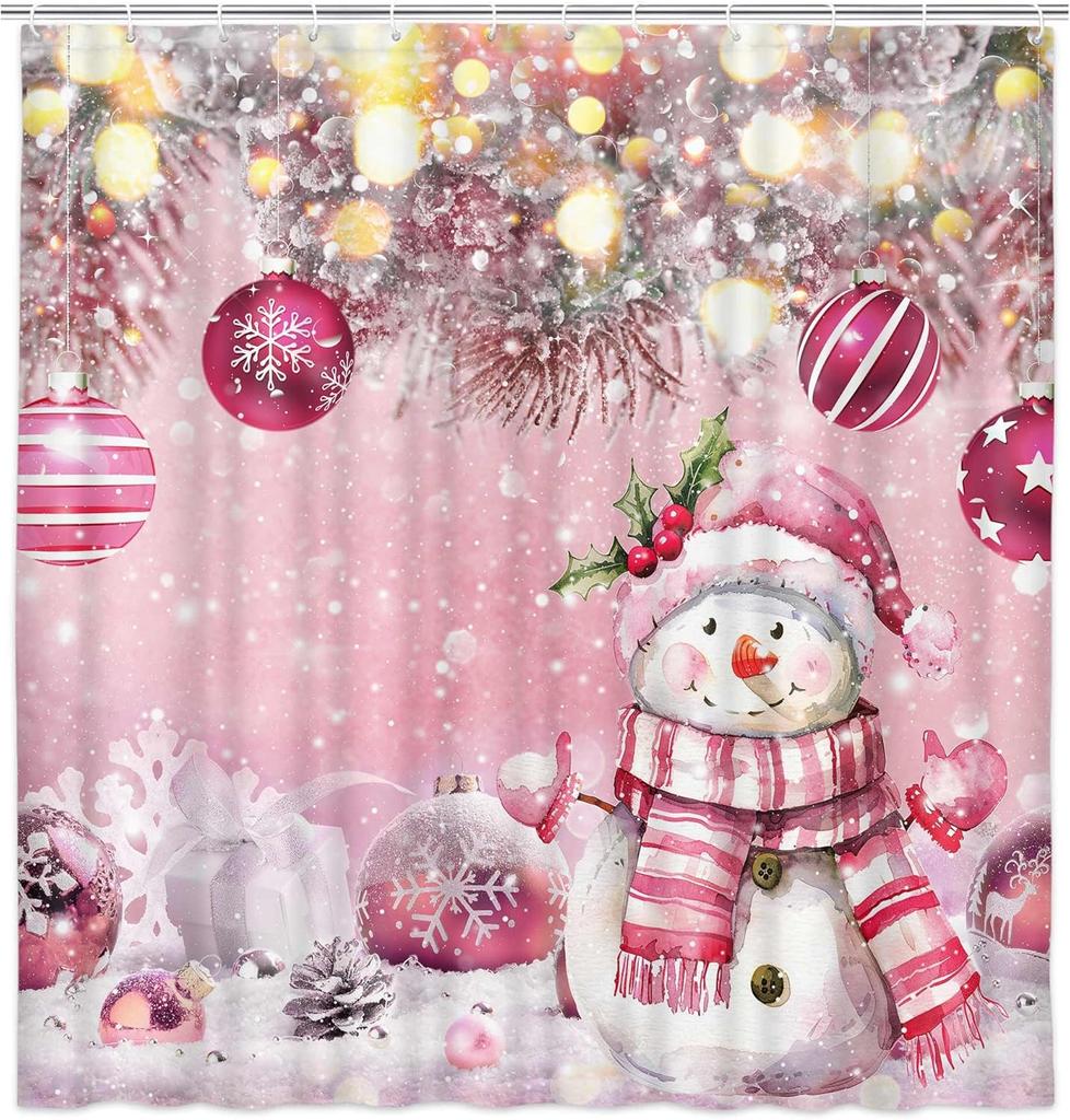 Christmas Winter Snowman Pink Ball Shower Curtain Snowflake Pine Tree Twig Bathroom Curtain For Holiday Decorations Waterproof