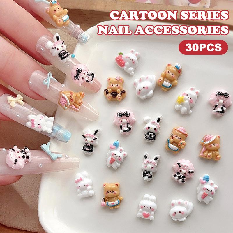 30Pcs Cartoon Bunny Nail Art Charm 3D Candy Color Resin Cartoon Little Brown Bear Nail Decoration Kawaii Nail Accessories