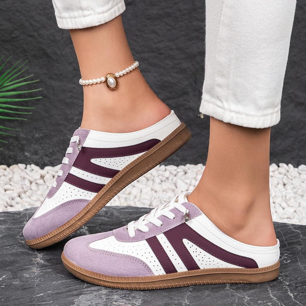 Women Retro Color Block Slip On German Trainer Mule Slippers, Breathable Soft Sole Versatile Casual Summer Walking Shoes