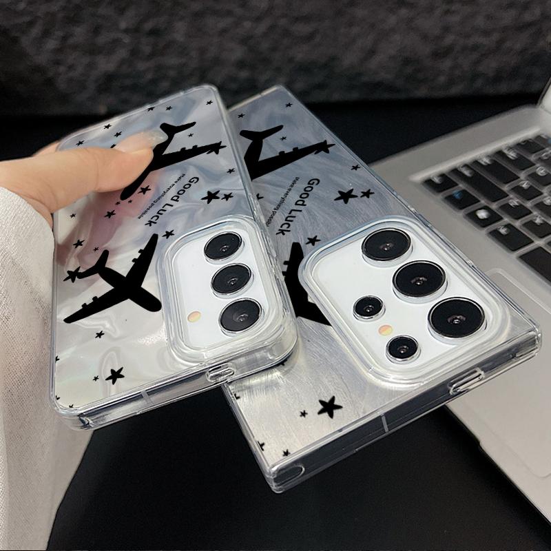 Airplane Pattern Sparking Glitter Slim Phone Case For Samsung S25 Ultra S24 FE S23 A16 A56 A36 A55 TPU Clear Soft Edge Shockproof Hard PC Bumper Cover