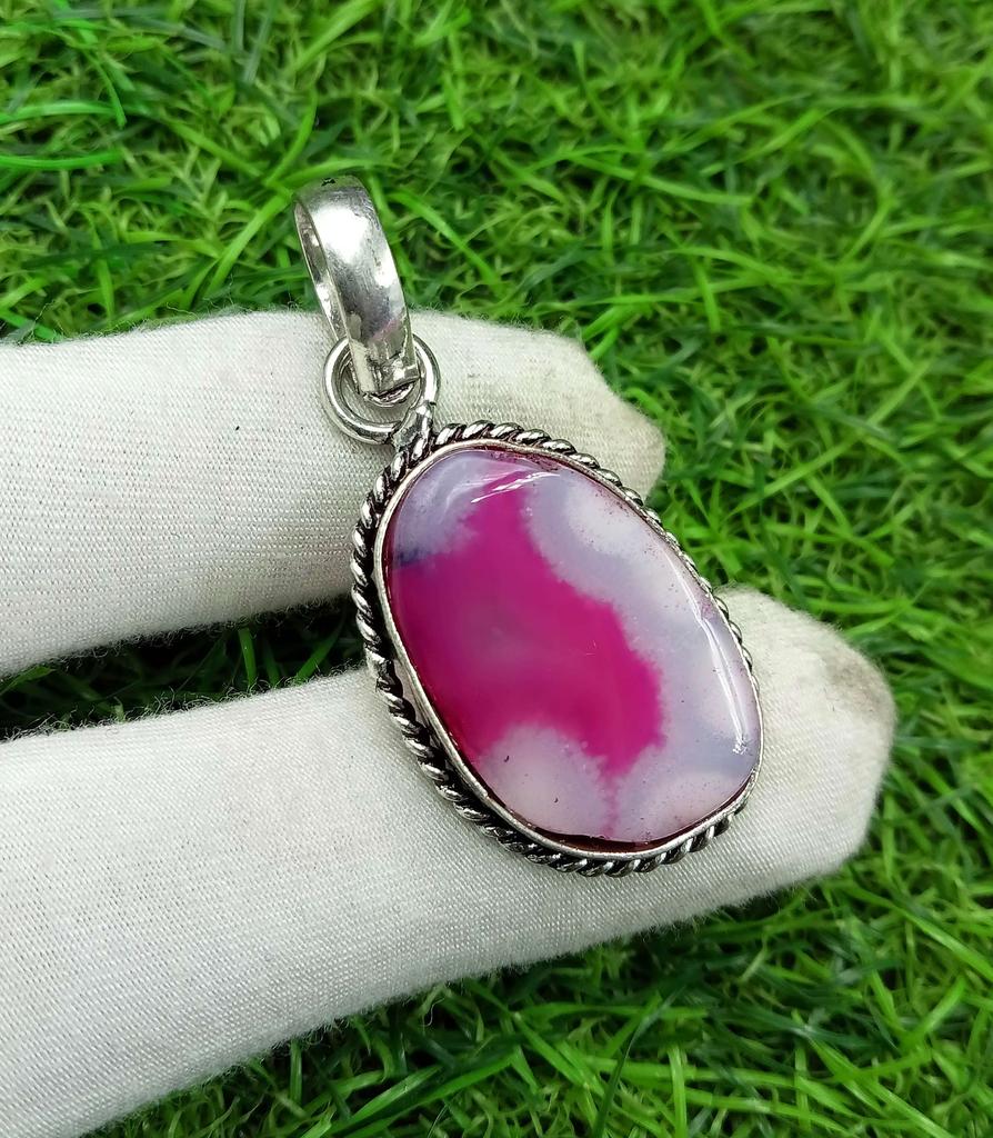Pink Slice Agate Gemstone 925 Sterling Silver Plated Pendant DEP-17