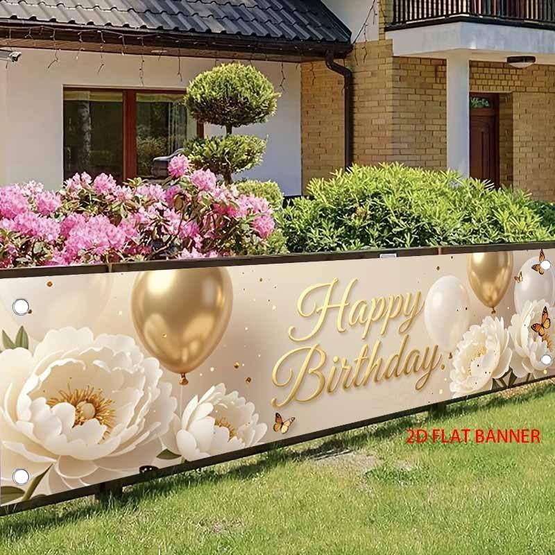 Happy Birthday Fence Banner Champagne Balloon Peony Butterfly Outdoor Yard Decor
