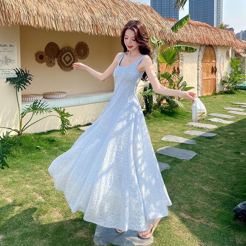 Women's Elegant French Blue Spaghetti Strap Maxi Dress