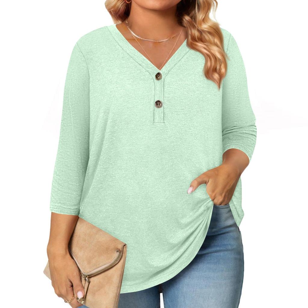 3/4 Length Sleeve Womens Tops Plus Size Button Down V Neck Shirts Blouses Casual Solid Color Loose