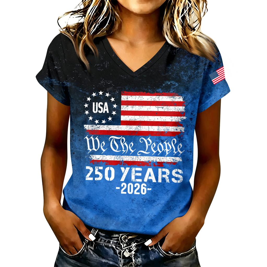 Women's V-Neck Short Sleeve T-Shirt - Anniversary 1776-2026 Letter Print, Casual Summer Top Tee