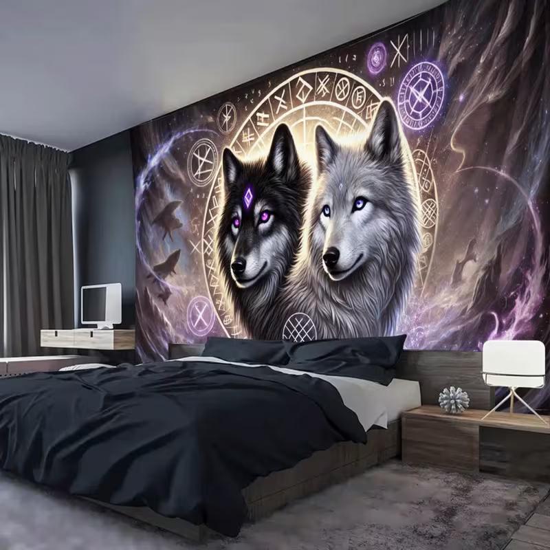 2D Mystical Wolf Tapestry Purple Norse Runes Home Background Decor