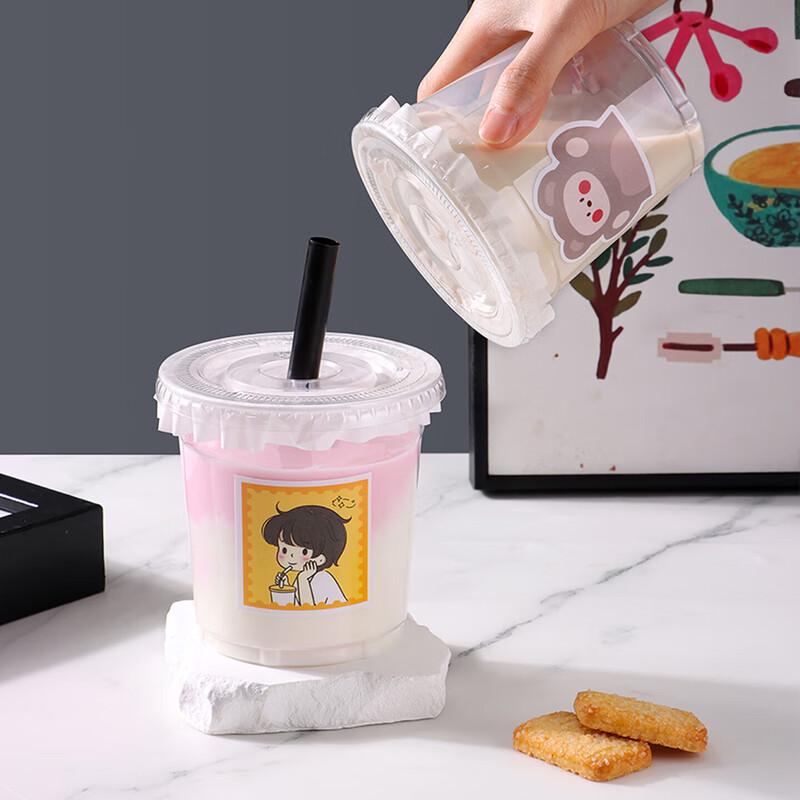 BJ Disposable Thickened Milk Tea and Coffee Cup with Lid, Straw, and Stickers