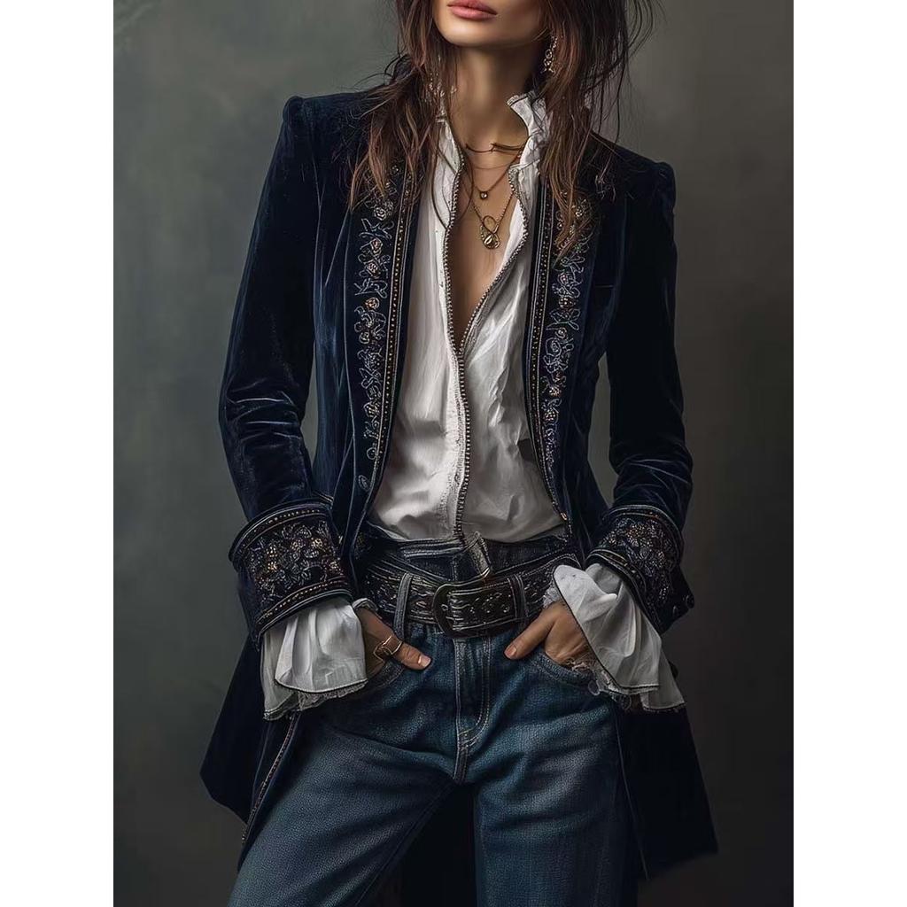 Women's European American Style Solid Color Patchwork Lace Velvet Long Sleeve Coat