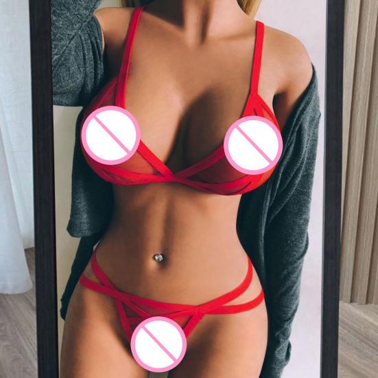 2 Pcs/Set Bra Panties Set See-through Mesh Hollow Out Solid Color Elastic Strap Decor Thin High Waist Wedding Night Honeymoon Underwear Set