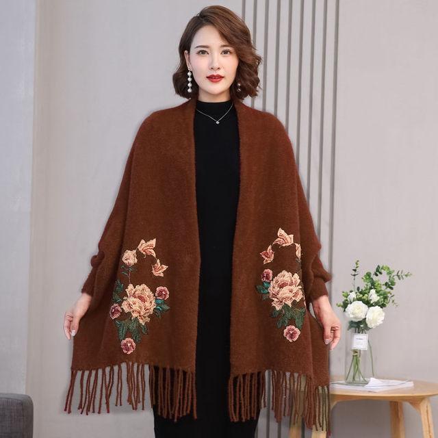 

Норковая флисовая накидка-шаль, зимний двухцелевой вышитый кардиган с бахромой, утолщенный свитер с длинными рукавами, приятный для кожи One Size