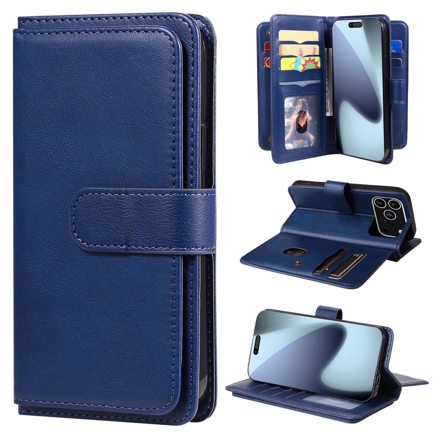 

For iPhone 17 Pro Leather Case with 10 Card Holder Phone Cover Stand Blue