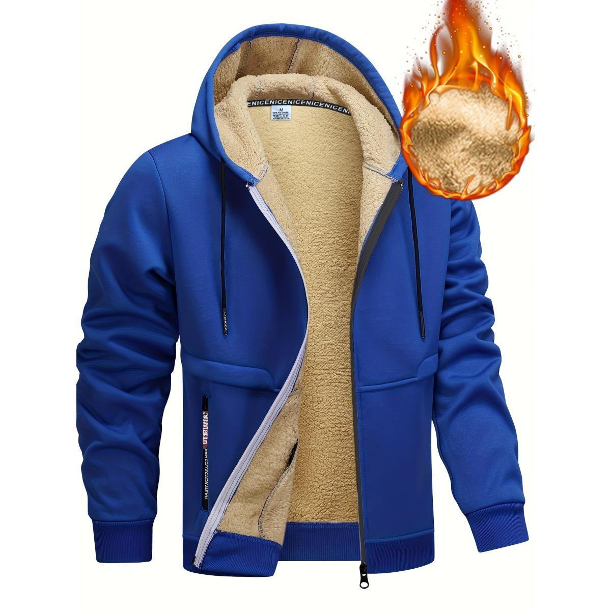 

Мужская удобная куртка с капюшоном на подкладке - Повседневная однотонная синяя куртка на молнии с капюшоном на шнурке, карманом на молнии и застежкой на пуговицах спереди, одежда с мягкой текстурой M синий