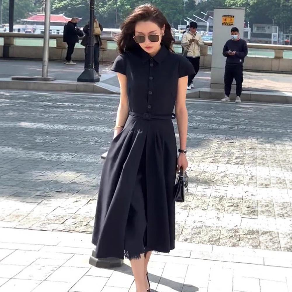 

French Dress Hepburn Commuter Dress Short-sleeved Umbrella Skirt XL чёрный