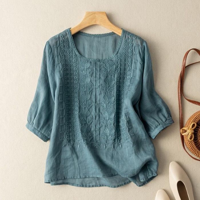 Sommer Elegante Shirts Damen O-Ausschnitt Blumenstickerei Bluse 3/4 Ärmel Arbeits-Tops Causal Lockeres Oberteil