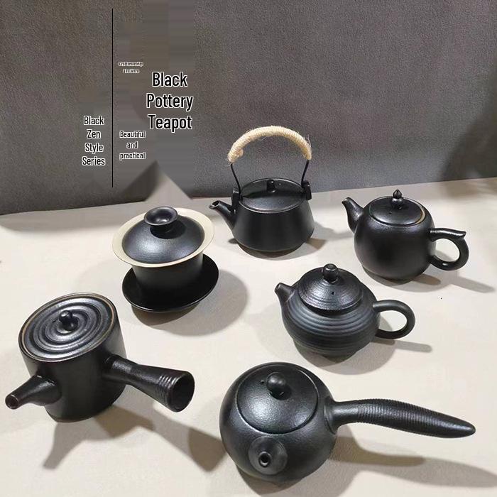 Special Clearance: Black Pottery Teapot Set - Japanese Retro Coarse Ceramic, Anti-Scald, Side Handle, Kung Fu Style