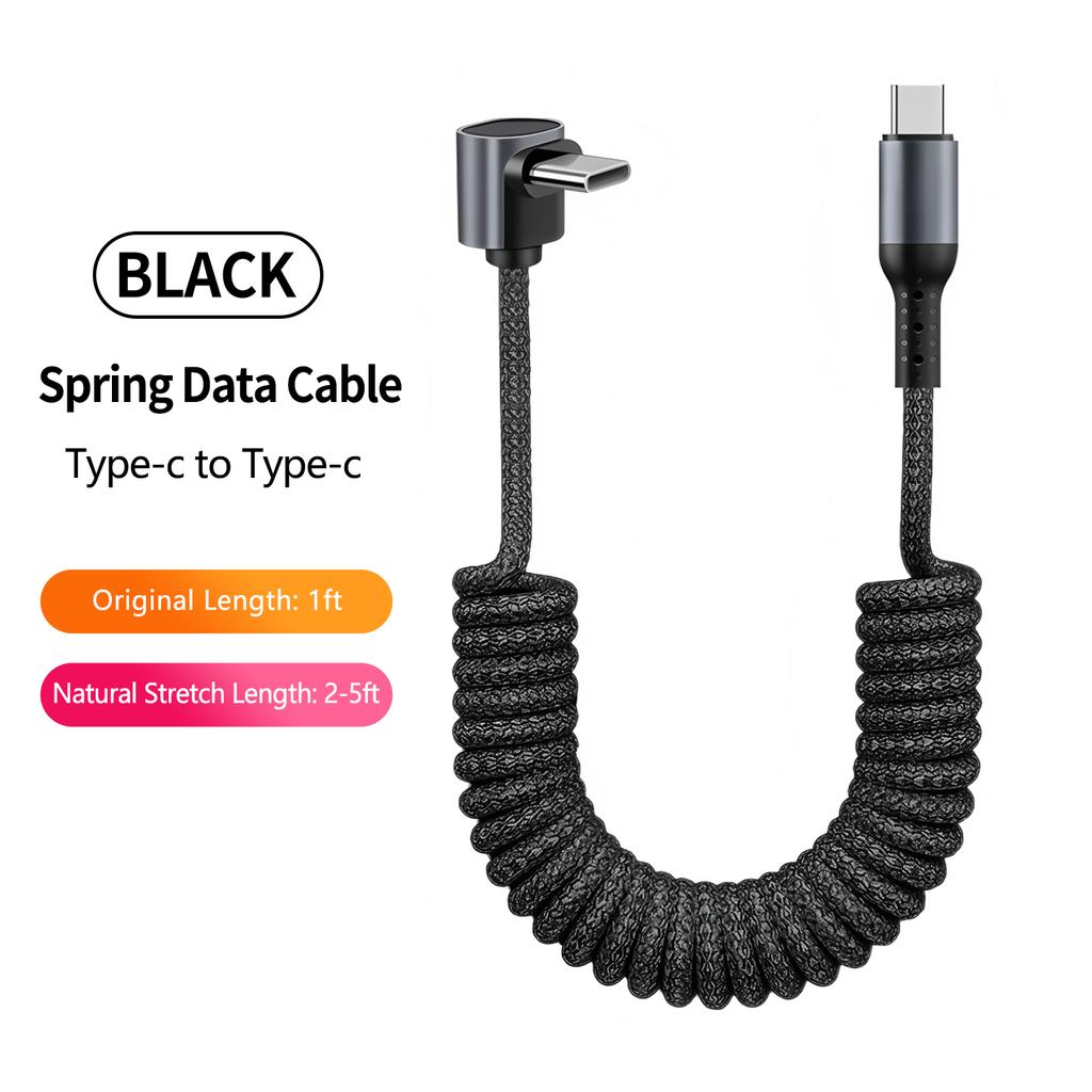 Electronic Accessories 100W 90 Degree Right Angled USB-C Coiled Retractable Data Cable Pure Copper Conductor Braid