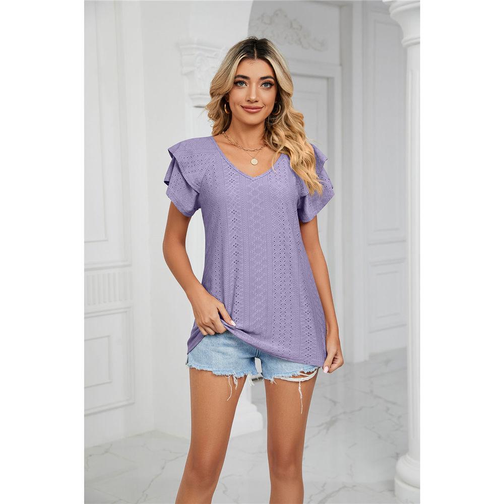 Womens Summer Eyelet Tops V Neck Double Ruffle Sleeve Casual Blouse Shirts Loose Fit Tops