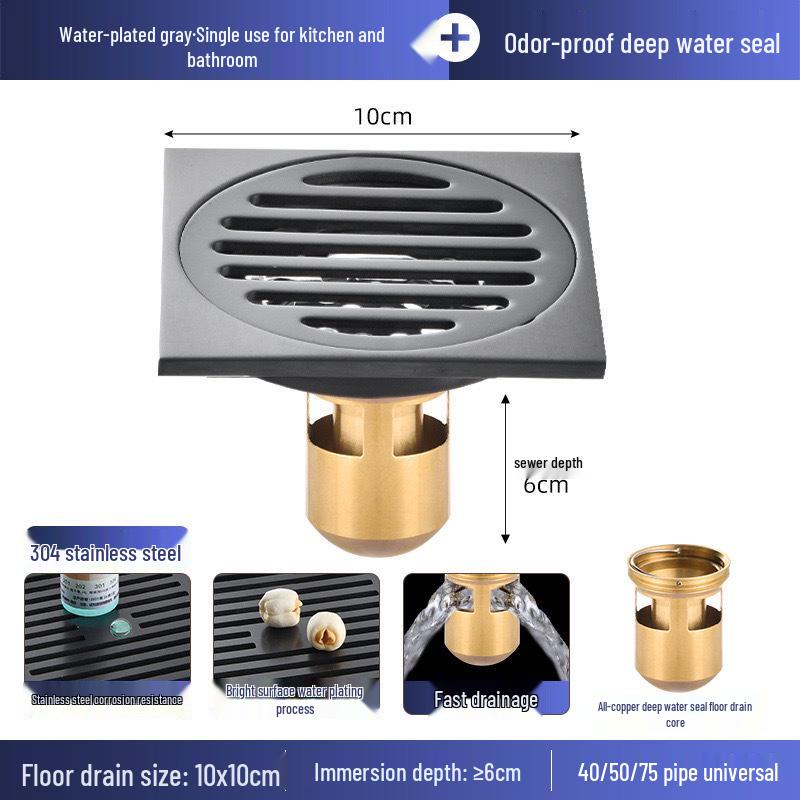 Gunmetal Gray 304 Stainless Steel Odor-Resistant Floor Drain with Copper Core for Shower & Washing Machine.