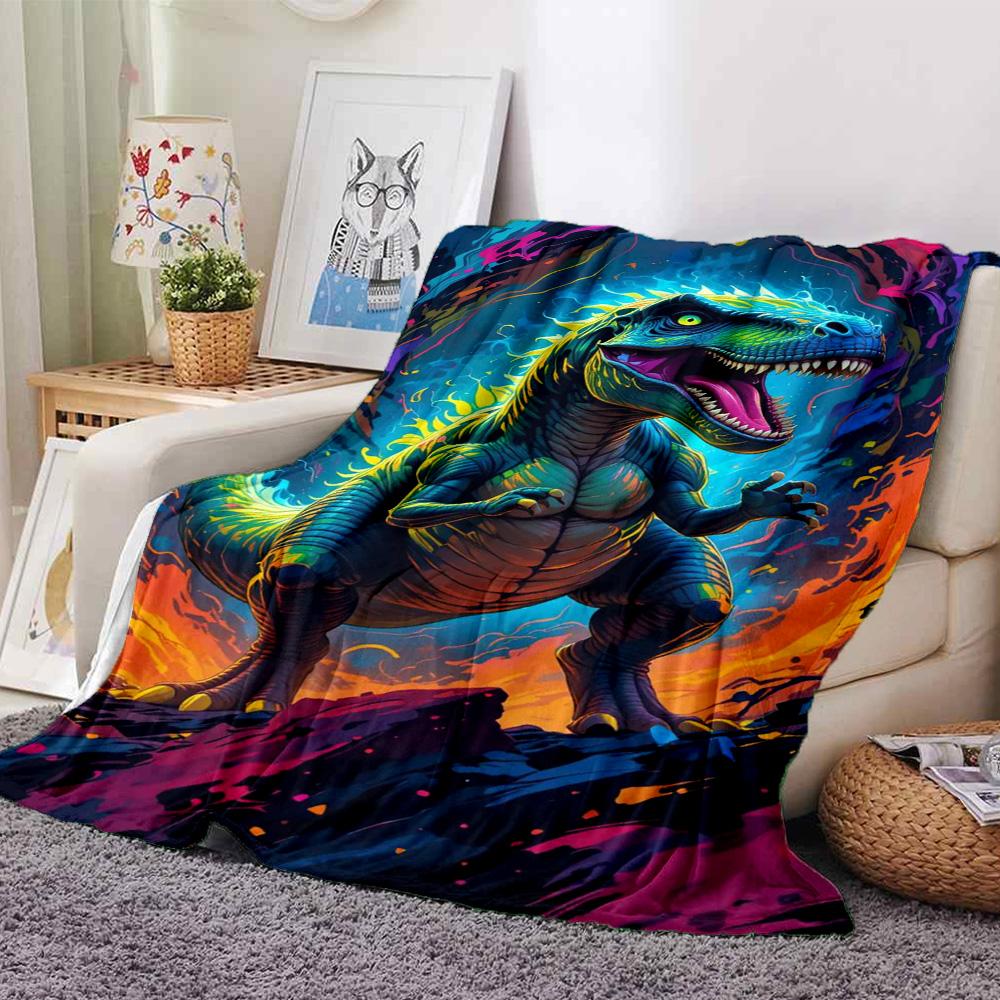 Neon Colorful T‑Rex Dinosaur Fantasy Art Print Flannel Blanket Soft Warm Throw Blanket for Sofa Bed Living Room