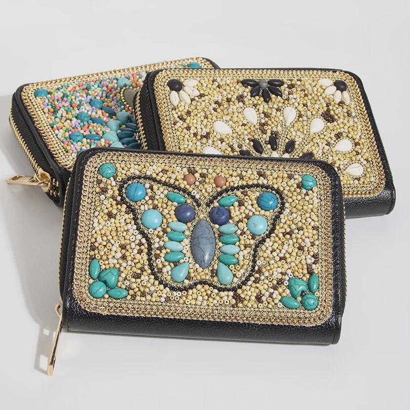 Bohemian Style PU Zipper Card Holder & Coin Purse with Butterfly and Flower Design