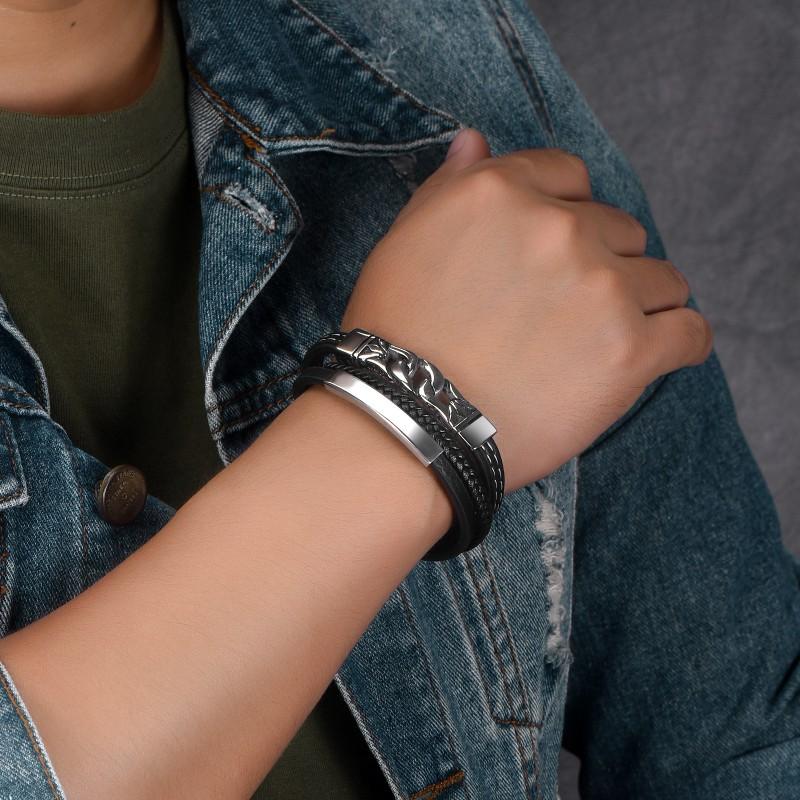 Mens Stainless Steel Leather Woven Bracelet Geometric Chain Design Hip Hop Style Adjustable Length