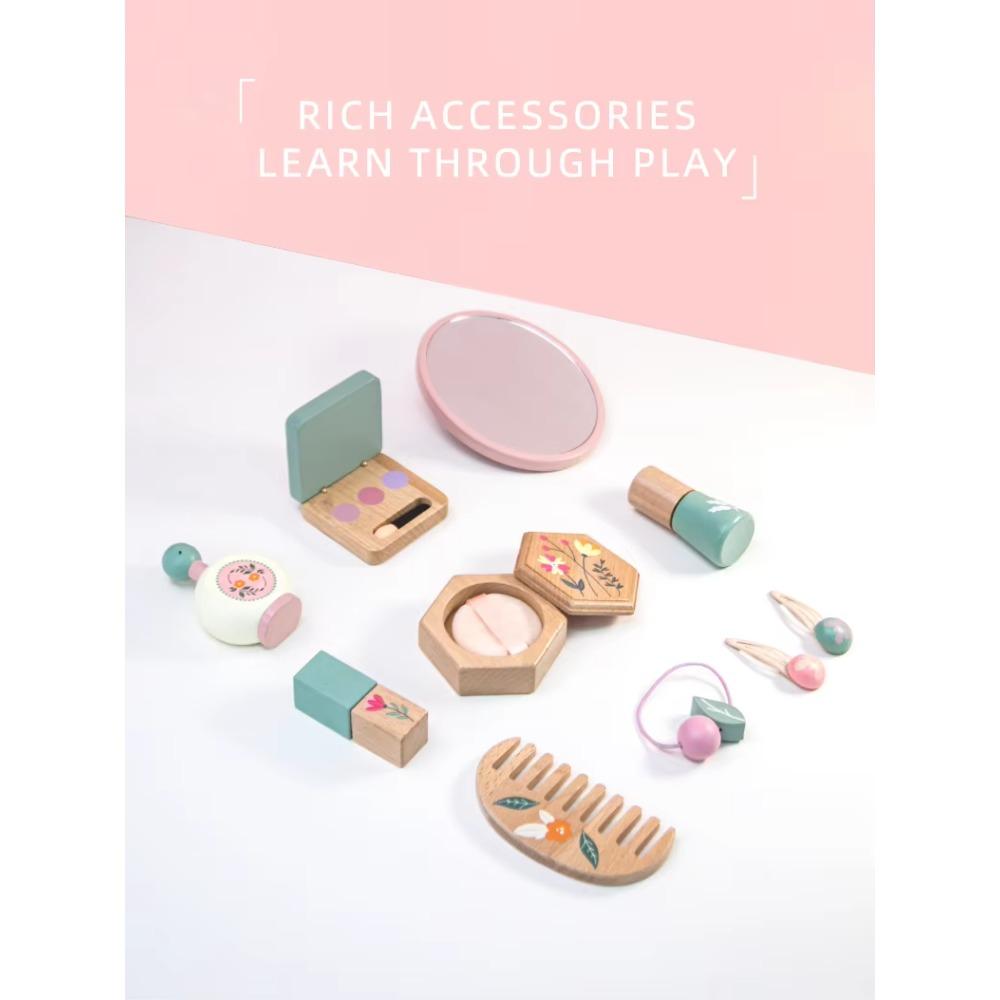 Children Role Play Toy Pretend Wooden Make Up Set Girls Dressing Up Bag Birthday Gift Kids Educational Wooden Makeup Toy
