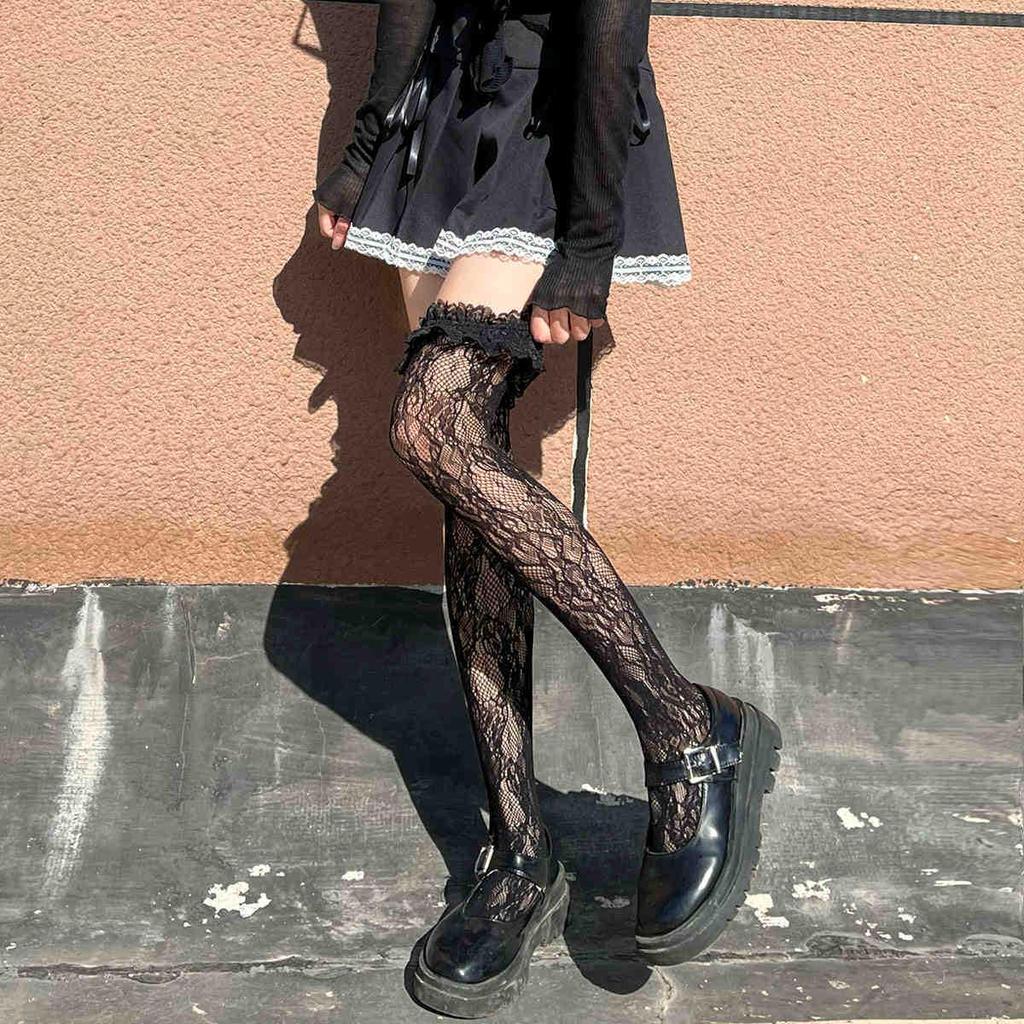 Women's Lace Trim Over-the-Knee Black Stockings with Butterfly Design