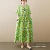 Summer New Literary Age Reduction Large Size Loose and Thin Printed Short-sleeved Long Dress with Pockets Over the Knee Skirt